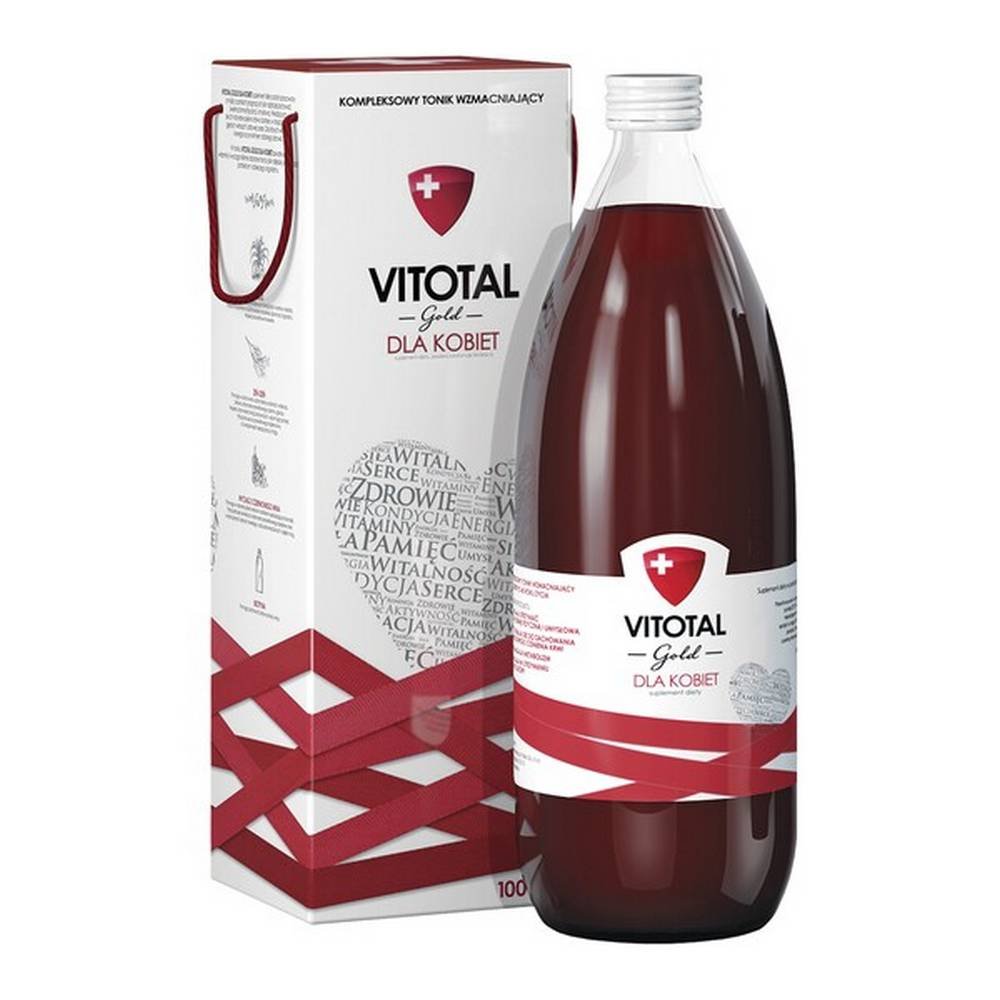vitotal gold for women liquid 1000 ml VITOTAL Gold FOR WOMEN - пищевая добавка, содержащая витамины и экстракты растений. Продукт предназначен для взрослых. Алоэ поддерживает правильное функционирование слоев кожи и эпидермиса, дополнительно поддерживает правильное пищеварение и естественный иммунитет организма