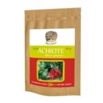 Achiote is a tree growing to a height of up to 5 meters. The leaves are oval and pointed. Achiote fruits are thorny, egg-shaped capsules the size of an egg, pointed and longer than wider. Inside the Achiote fruit are bright red small seeds with a diameter of 5 mm