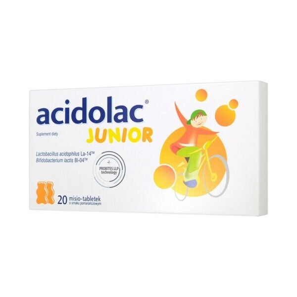 Acidolac Junior - a dietary supplement containing Lactobacillus acidophilus and Bifidobacterium lactis strains. The product is intended for children over 3 years of age and adults.