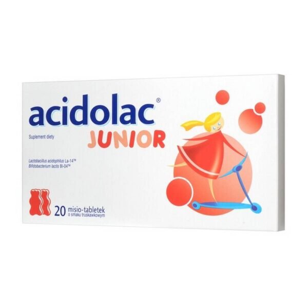 Acidolac Junior - a dietary supplement containing Lactobacillus acidophilus and Bifidobacterium lactis strains. The product is intended for children over 3 years of age and adults.