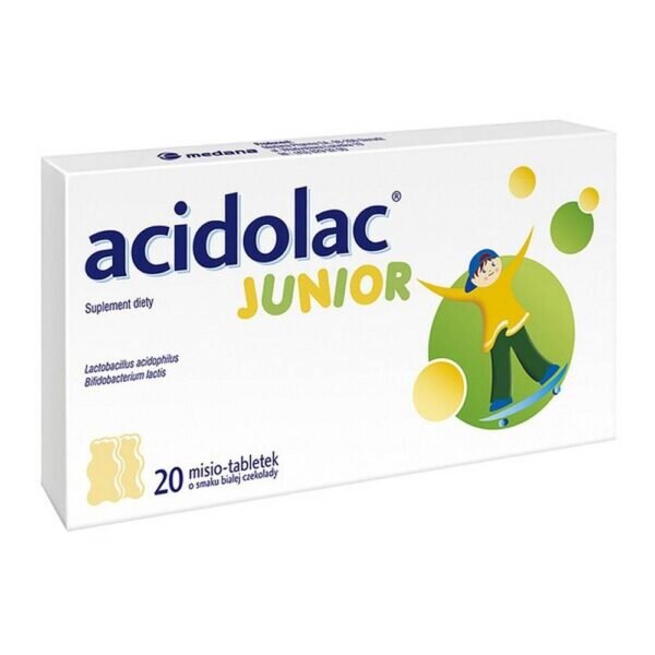 Acidolac Junior - a dietary supplement containing Lactobacillus acidophilus and Bifidobacterium lactis strains. The product is intended for children over 3 years of age and adults.