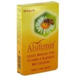 Food Supplement with Vitamin D3, Vitamin B12, folic acid, Royal jelly, Vitamin E, and Ginseng.