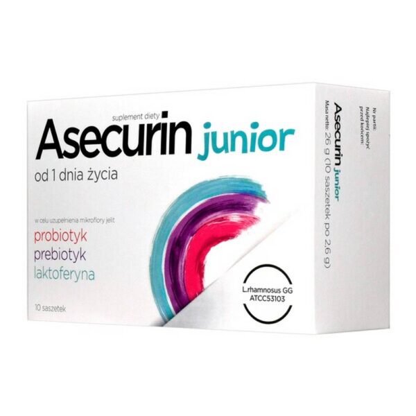 Asecurin junior - a dietary supplement containing a combination of the probiotic strain of the yeast Saccharomyces boulardii and the lactic acid bacteria Bacillus coagulans, Lactobacillus rhamnosus. The product is intended for infants and children.