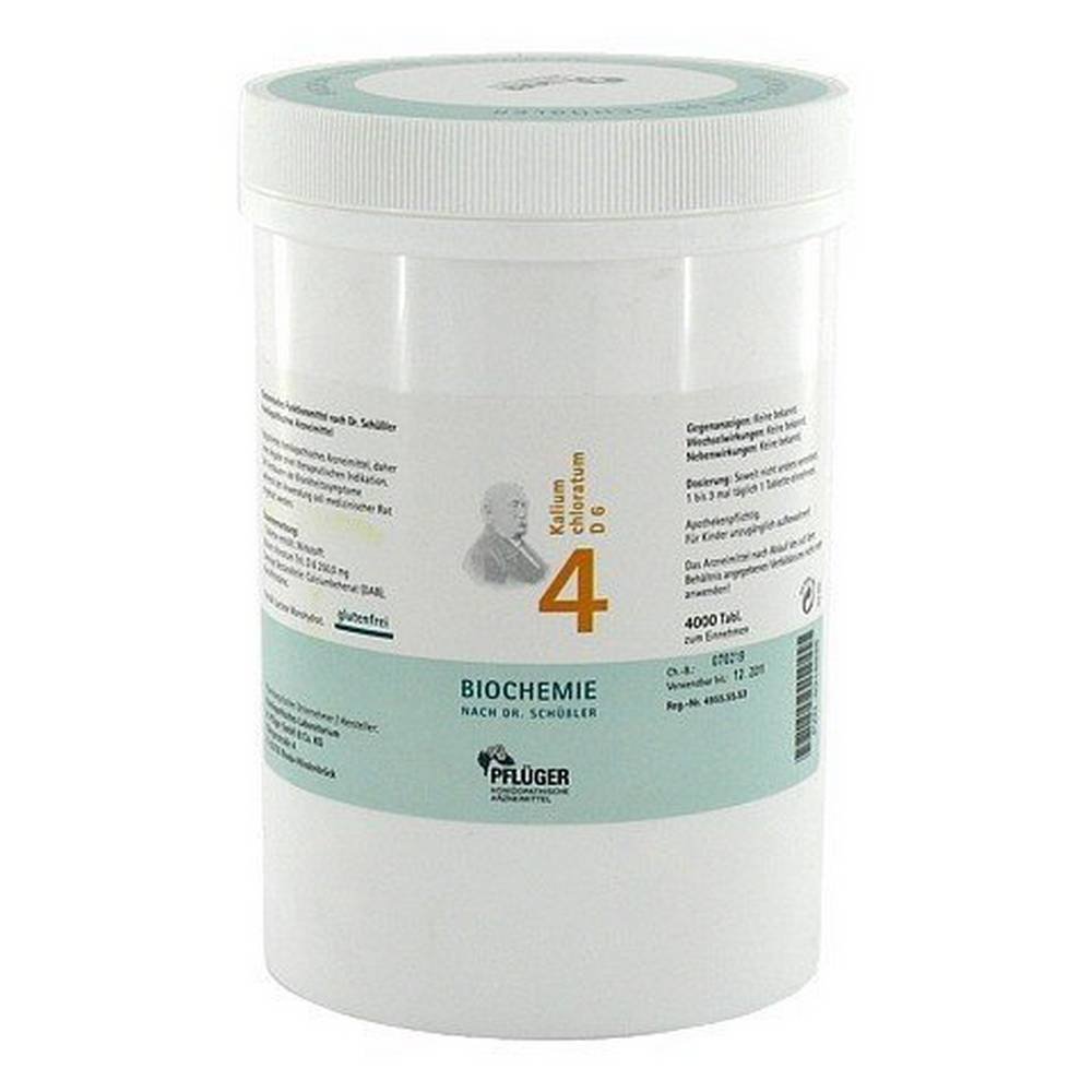biochemistry pfluger 4 kalium chloratum d 6 tablets 400 Biochemie Pfluger No. 4 Kalium chloratum D 6 is a homeopathic medicine from A. Pfluger with potassium chloride. According to Dr. Schu?ler, this functional agent is the "salt of the mucous membranes" and is important for all body glands. It is therefore used for swellings and skin problems such as spider veins, but also for coughs.