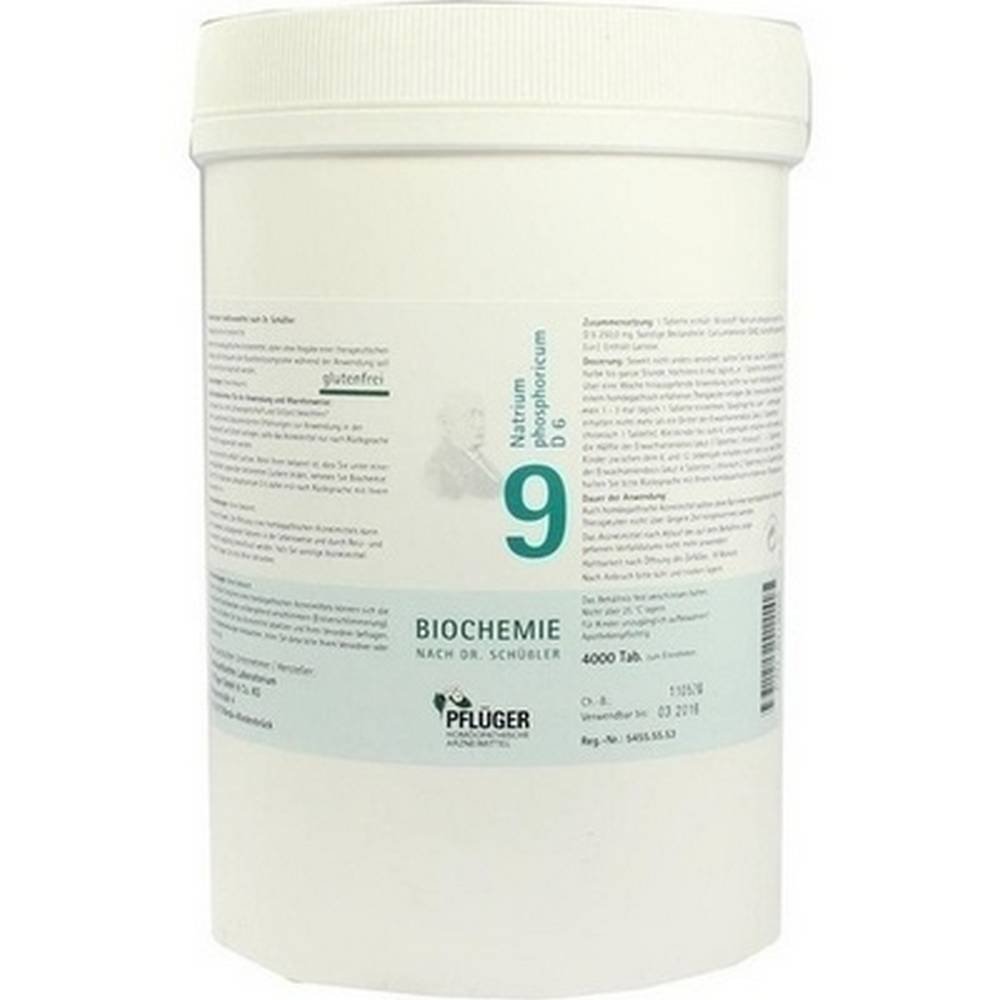 biochemistry pfluger 9 natrum phosphoricum 4000 Biochemistry Pflüger No. 9 sodium phosphoricum D 6 is a biochemical functional agent from the Homeopathic Laboratory Alexander Pflüger GmbH & Co. KG. It was developed after the therapy by Dr. Schuessler.