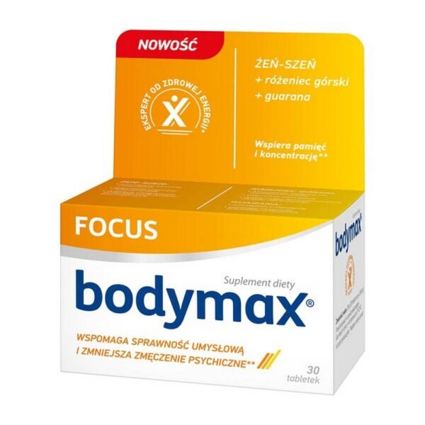 Bodymax Focus - a dietary supplement containing a unique combination of three standardized plant extracts. Product intended for adults. Ginseng reduces the feeling of fatigue, improves alertness and concentration and supports the maintenance of normal cognitive functions.