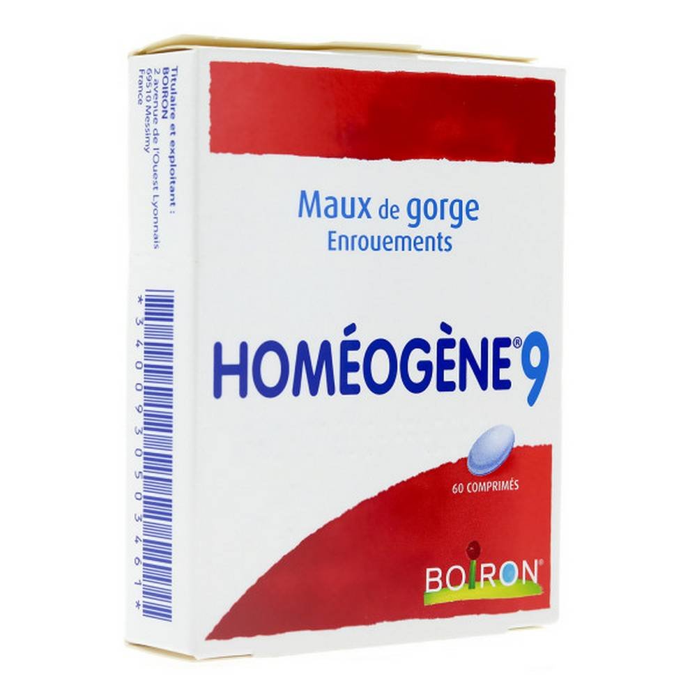boiron homeogenic 9 60 HOMÉOGENE 9, tablet is a homeopathic medicine traditionally used in the treatment of sore throat and hoarseness.