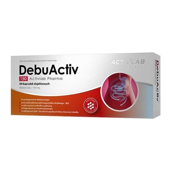 DebuActiv 150 Activlab Pharma - food for special medical purposes, in the form of gastro-resistant capsules, containing sodium butyric acid with valuable biological properties, in the form of microgranules. The unique form of microgranules causes the release of sodium butyrate salts along the entire length of the small and large intestines.