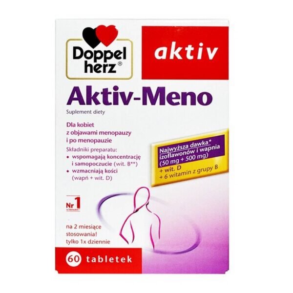 Doppelherz aktiv Aktiv-Meno - a dietary supplement intended for women with menopausal symptoms and after menopause. Soy isoflavones are phytoestrogens, a structure similar to that of female sex hormones, and therefore they help to alleviate symptoms related to menopause.