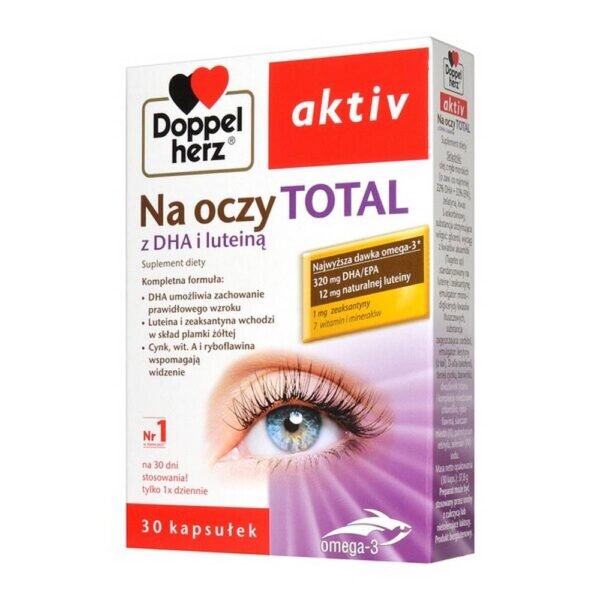 Doppelherz aktiv for the eyes TOTAL with DHA and lutein - a dietary supplement intended for adults. DHA in the retina supports the building blocks of photoreceptor membranes.
