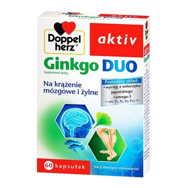 Doppelherz aktiv Ginkgo Duo - a dietary supplement containing high-quality, standardized ginkgo biloba leaf extract and omega-3 fatty acids that improve brain function and venous circulation. The product is intended for adults.