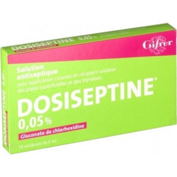Dosiseptine 0.05% Antiseptic Solution, Colorless, 50 ml: Dosiseptine 0.05 in a vial acts as an antiseptic for small wounds (superficial and extensive).