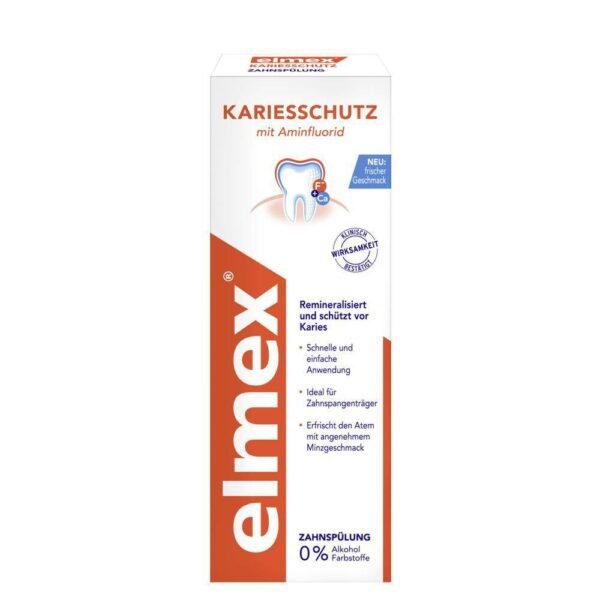 The powerful tooth rinse ideally complements daily tooth brushing. The highly effective elmex amine fluoride formula forms a double active calcium fluoride protective shield, which remineralises the teeth and effectively protects against tooth decay.
