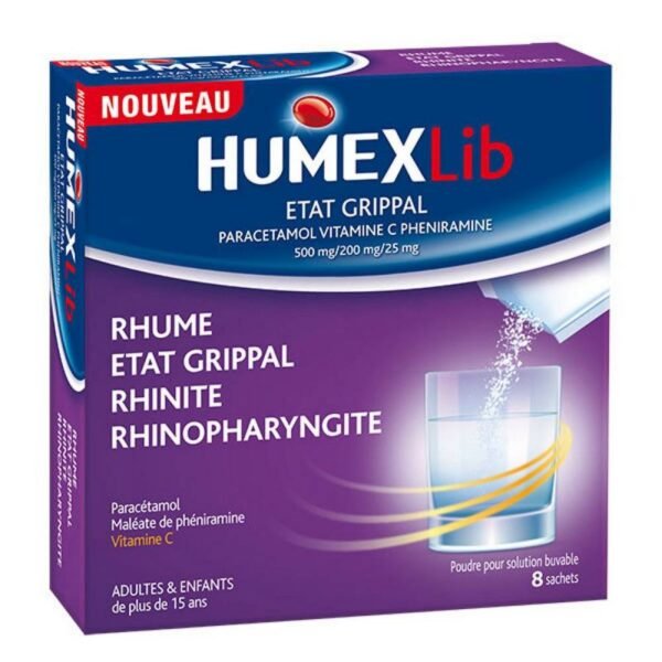 Humex Lib State Flu in a box of 8 sachets indicated in adults and children over 15 years of age for the treatment of colds, rhinitis, doxycycline and colds