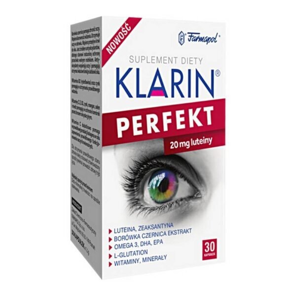 Klarin Perfekt - a dietary supplement containing blueberry, marigold (which is a source of lutein) and omega-3 acids. A product intended for adults, blueberry is a source of antioxidants - it supports the protection of cells against oxidative stress (e.g. free radicals).