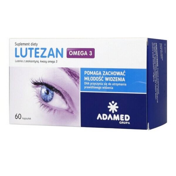 Lutezan Omega 3 dietary supplement containing marigold extract, fish oil, antioxidant vitamins and microelements important for the proper functioning of the human body, including zinc.