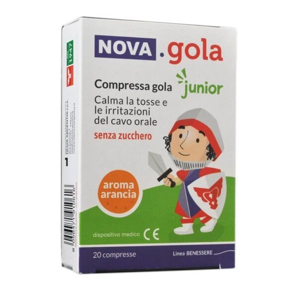 Nova Gola Junior Arancia с апельсиновым вкусом успокаивает кашель благодаря формированию защитной пленки с барьерным эффектом, который ограничивает контакт с раздражающими внешними агентами.