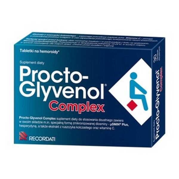 Procto-Glyvenol Complex - пищевая добавка, содержащая особую форму микронизированного диосмина - µSMIN plus, гесперидин, экстракт веника мясника и витамин С. Продукт предназначен для взрослых.