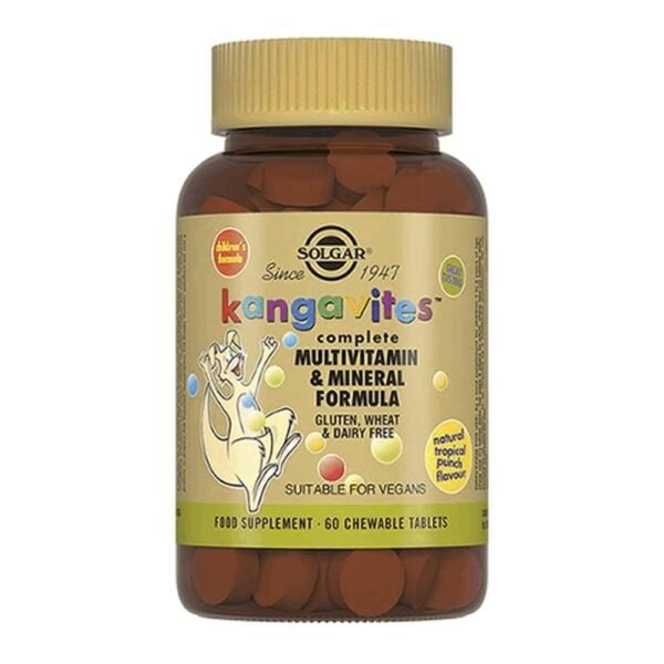 Solgar Kangavites Complete Multivitamin and Mineral Formula for Children. Natural Tropical Punch Flavor. A Chewable Multivitamin and Mineral Formula, Suitable for Children aged 3 Upwards.