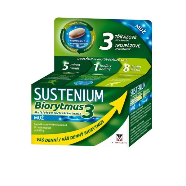 Multivitamin and multimineral Sustenium Biorhythm MAN 60+ in a three-layer tablet contains a balanced amount of vitamins, minerals and other substances adapted to the needs of men over 60 years of age. For everyday use.