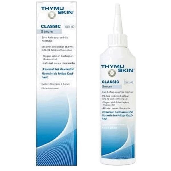 The Thymuskin Classic Set (Shampoo & Serum) is suitable for use in the case of genetic hair loss *. The application supports new hair growth. It combines an optimal concentration of active ingredients with a high yield. This original recipe has been used successfully worldwide for more than 35 years. The pH-value skin-friendly cleaning & care shampoo gently cleanses the scalp of accumulated dirt particles and prepares it for the application of the Thymuskin Serum. It already provides thymic peptide active ingredient GKL-02 to the scalp.