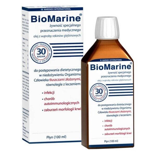 BioMarine liquid is a food for special medical purposes containing a patented combination of liver oil from 4 species of deep sea sharks. It is a source of complex fats: squalene and alkylglycerols, which are necessary for the human body,