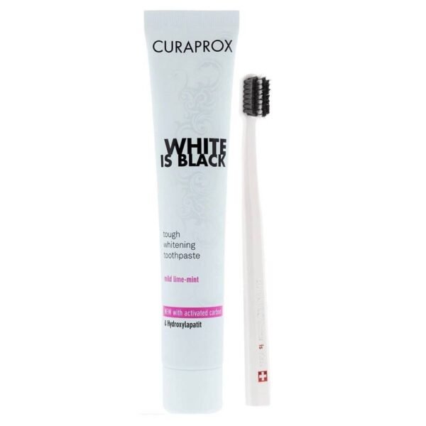 Whitening toothpaste with activated charcoal including a toothbrush.