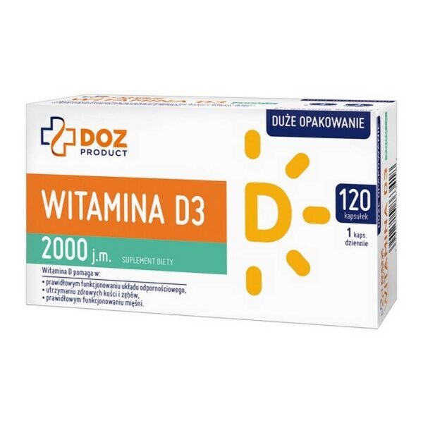 DOZ PRODUCT Vitamin D3 - dietary supplement containing ingredients supporting immunity. The product is intended for adults. Before use, it is advisable to perform a 25- (OH) D blood test and consult your doctor or pharmacist for test results.