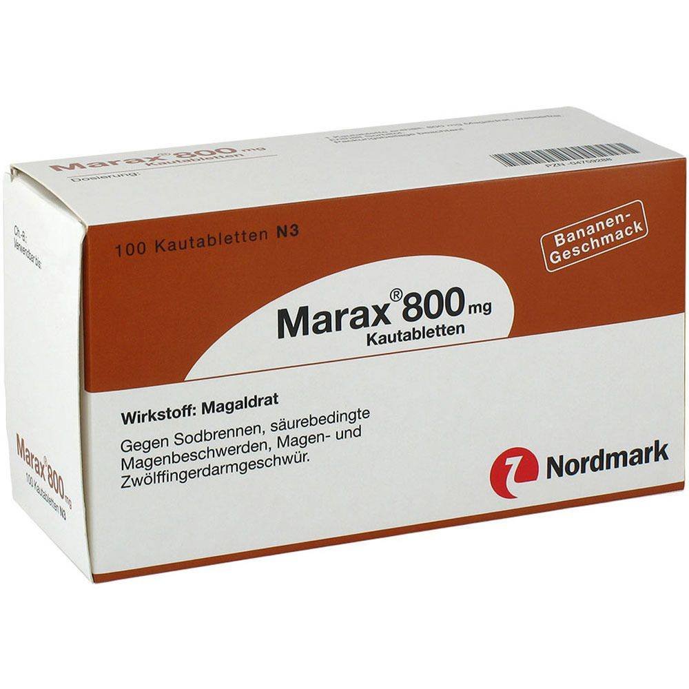 marax 800 chewable tablets 100 For the treatment of the symptoms of the disease, in which stomach acid are: heartburn and stomach acid complaints, stomach - or duodenal-induced intestinal ulcers.