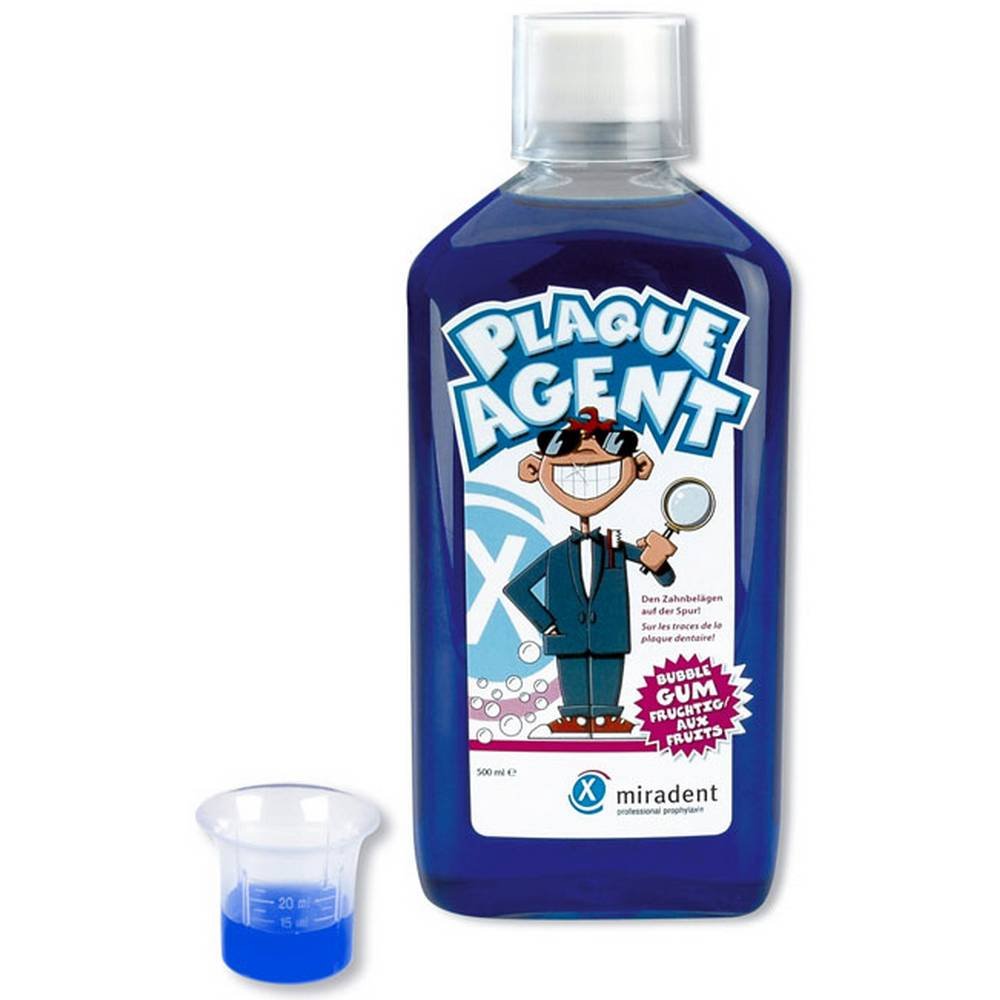 miradent plaque agent 500 ml Tooth rinsing solution for plaque control with bubble gum flavor.