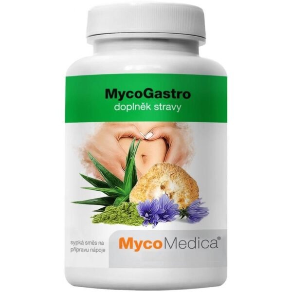 Порошок для напитков MycoGastro содержит комбинацию грибов гериции и алоэ вера, хлореллы или солодки.