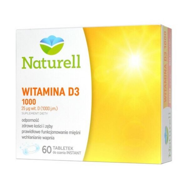 Naturell Vitamin D3 1000 - dietary supplement supporting immunity and proper functioning of muscles. Product available for adults. Vitamin D3 supports the proper functioning of the immune system, contributes to the maintenance of healthy bones and teeth, supports the proper functioning of the muscles, supports the proper absorption of calcium.