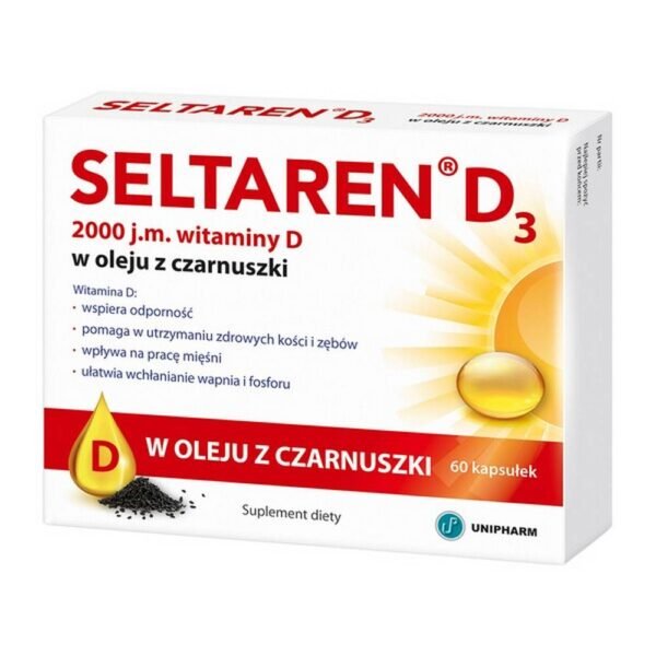 Seltaren D3 - a dietary supplement containing vitamin D dissolved in black cumin seed oil (Nigella sativa). The product is intended for adults. Do not exceed the recommended daily dose.