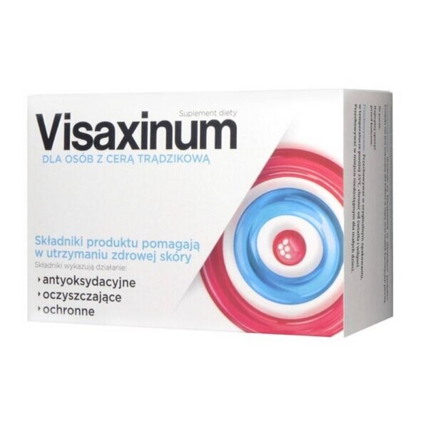 Visaxinum - a dietary supplement containing ingredients that support the condition of people with acne-prone skin and support the functioning of the skin. The product is intended for adults.