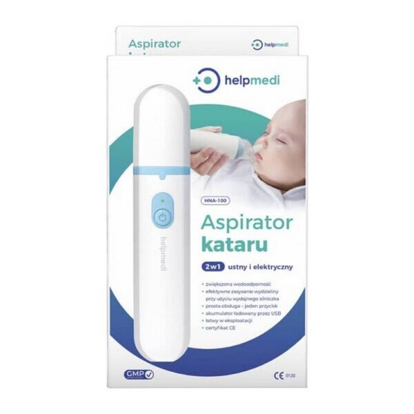 The HelpMedi 2 in 1 rhinitis aspirator is a medical device designed for electric and oral nasal aspiration in infants and children. This battery powered mobile device has the option of oral aspiration using the power of the parent's lungs.