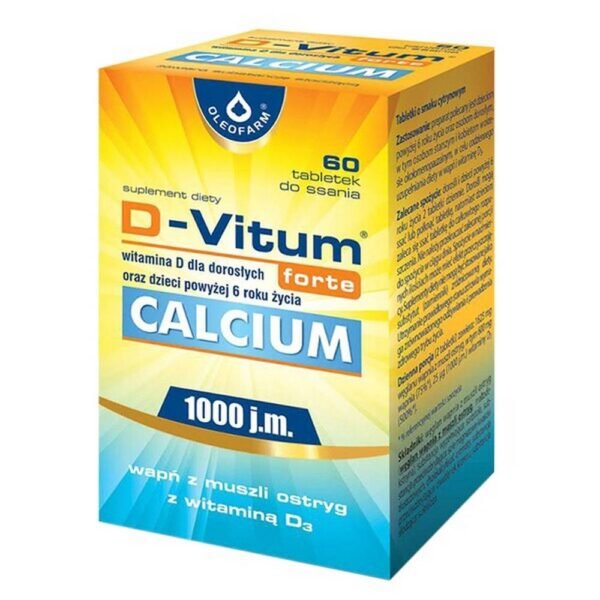 D-Vitum forte Calcium 1000 IU - пищевая добавка, содержащая кальций из раковин устриц с витамином D3. Препарат рекомендуется детям старше 6 лет и взрослым, а также пожилым людям. Кальций поддерживает правильное функционирование пищеварительных ферментов, поддерживает правильное функционирование мышц и поддерживает правильную нервную передачу, способствует правильному свертыванию крови.