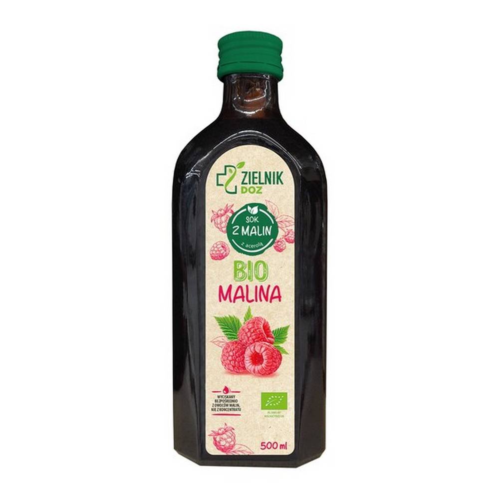 dose bio raspberry juice 500 ml ZIELNIK DOZ BIO Малина, сок, пищевые продукты, сок NFC, полученный непосредственно из плодов малины, полученных в результате органического земледелия, а не из концентрата. Пастеризованный продукт Рекомендуемая порция: 100 мл. Сок можно разбавлять водой в любой пропорции.