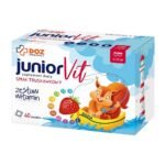 DOZ PRODUCT juniorVit - a dietary supplement containing vitamins that supplement the diet of children aged 4 to 12. Strawberry flavor. Vitamins C, D, A and folates contained in the product help in the proper functioning of the immune system. In addition, vitamin D helps maintain healthy teeth and bones. Do not exceed the recommended daily dose.