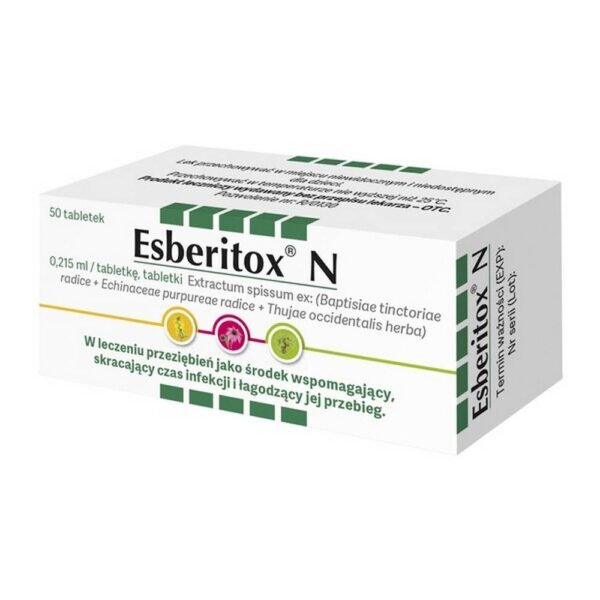 Esberitox N is a herbal medicine that supports the treatment of colds. The drug is in the form of tablets containing extracts of thujae occidentalis herba, common echinacea root (Echinaceae purpurae radice) and wild indigo root (Baptisiae tinctoriae radice).