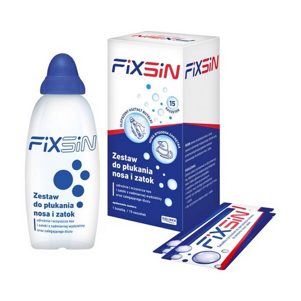 fixsin nasal and sinus irrigation set 1 bottle 240 ml 15 sachets Fixsin, a set for rinsing the nose and sinuses, opens and cleans the nose and sinuses of excessive secretions and residual mucus,reduces the accumulation of factors contributing to the development of infection.Indications: Fixsin, a set for nasal and sinus irrigation is recommended for preventive, symptomatic or postoperative care of the nose and sinuses, mainly in the case