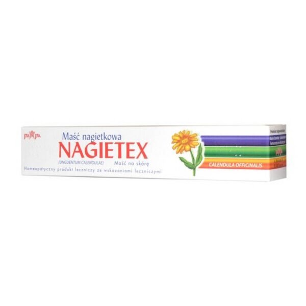 Calendula ointment Nagietex is a homeopathic medicine in the form of an ointment for the skin, used in irritation, cracks or abrasions of the epidermis as well as hematomas (bruises) after injuries.