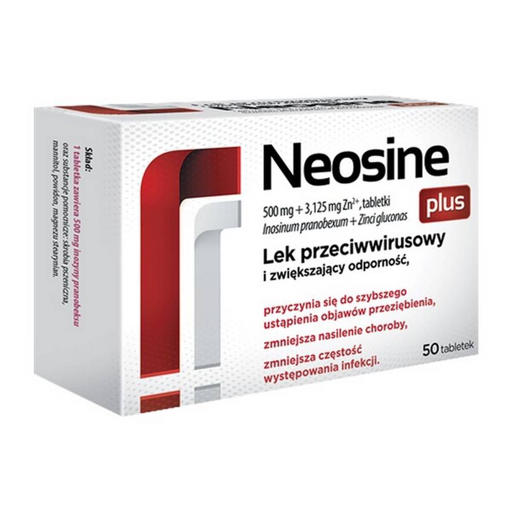 neosine plus 500 mg 3125 mg zn2 tablets 50 Neosine Plus in the form of tablets contains two active substances: inosine pranobex and zinc gluconate. It has antiviral properties and at the same time supports the body's immune system. The product is intended for both adults and children over 1 year of age.
