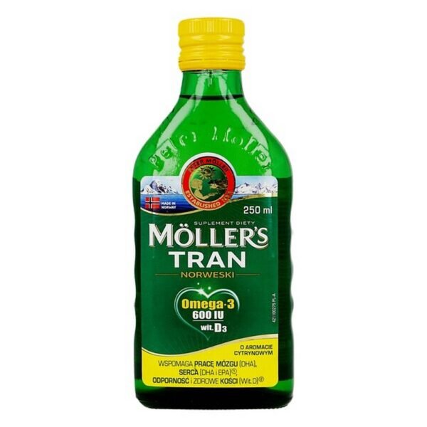 Moller's Tran Norwegian - a dietary supplement of very high-quality and purity cod liver oil. The preparation is intended for adults and children over 3 years of age. Lemon flavor. Omega-3 DHA acid contributes to the proper functioning of the brain and proper vision.