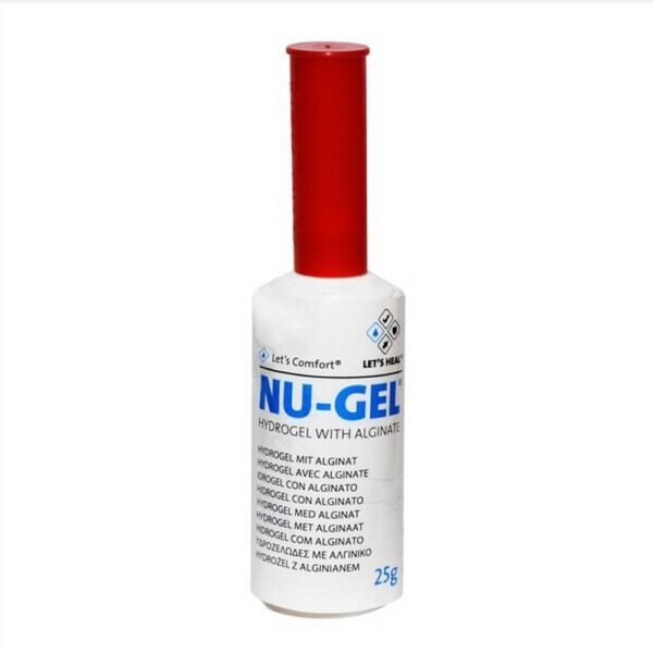 The NU-GEL hydrogel is a transparent hydroactive amorphous gel containing sodium alginate. The hydrogel creates a moist wound healing environment that facilitates the natural autolytic debridement of the wound, and the addition of alginate enhances its absorption properties.