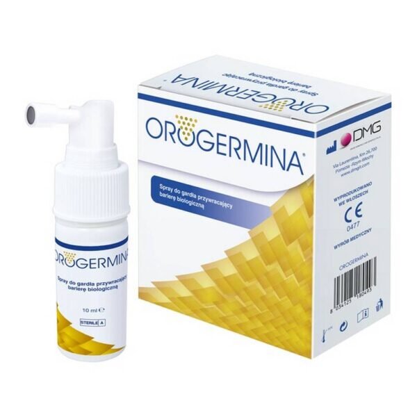 Orogermina medical device is a throat spray that restores the normal biological barrier. The product contains freeze-dried bacteria Streptococcus salivarius 24SMBc and Streptococcus oralis 89a, thanks to which it restores the natural biological barrier that protects against throat and tonsil infections