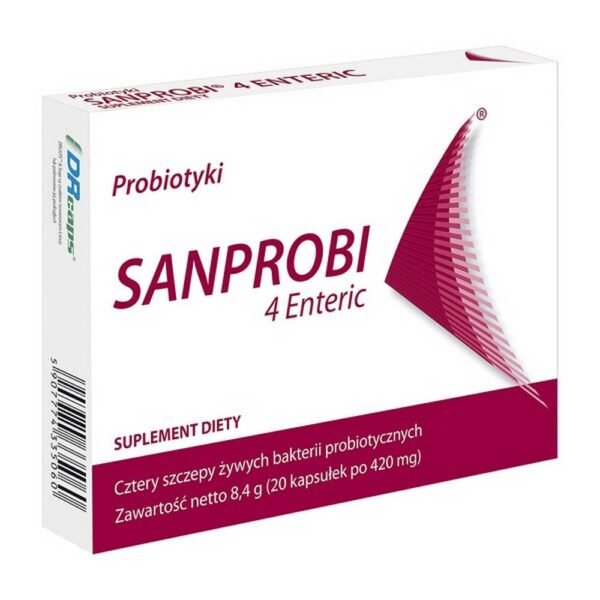 Sanprobi 4 Enteric - a dietary supplement containing a composition of four strains of probiotic bacteria. The preparation is intended for children from 3 years of age. Strains of probiotic bacteria included in Sanprobi 4 Enteric support the maintenance of normal intestinal microflora during antibiotic therapy.