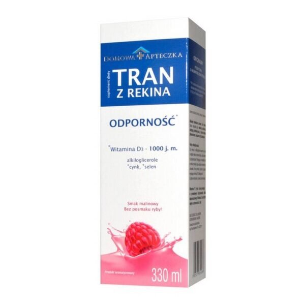 Shark oil - a dietary supplement containing shark liver oil, vitamin D, zinc and selenium. The product is intended for adults and children over 3 years of age. Raspberry flavor. Vitamin D, zinc and selenium support the proper functioning of the immune system.