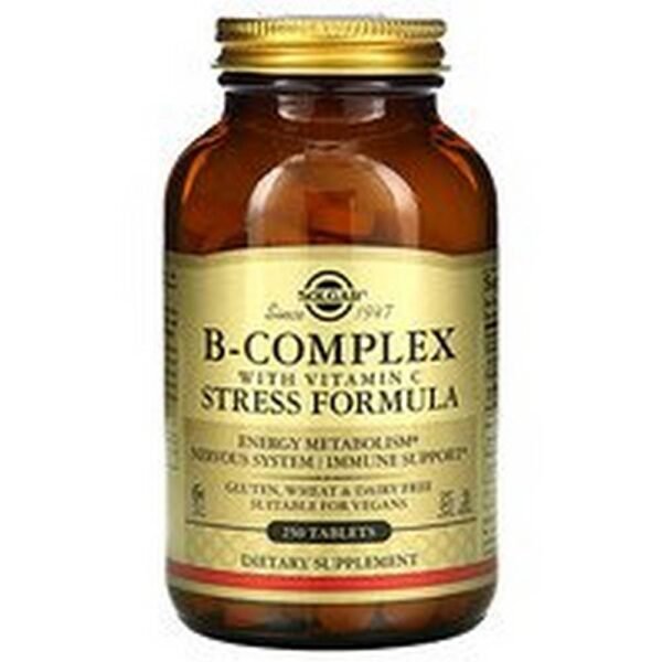 Solgar B-Complex with Vitamin C Stress Relief Formula + Vit. C is a complex B-vitamin formula that also contains a high dose of vitamin C.