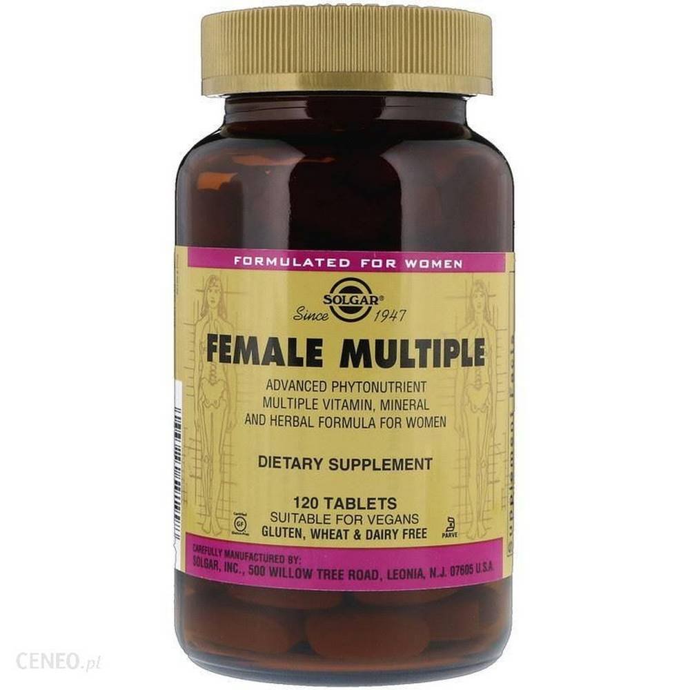 solgar multivitamin for women female multiple 120tabl В Female Multiple не только богатый комплекс витаминов и минералов, необходимых для правильного функционирования женского организма , но и важные экстракты растений . Продукт включает, среди прочего витамины D и C, витамины группы B, хром, магний, калий и цинк. Комплекс для женщин содержит ингредиенты, которые помогут сохранить здоровье всего тела, а также позаботятся о ваших волосах, коже и ногтях. Вы непременно оцените действие американского женьшеня, расторопши или Ува-урси .