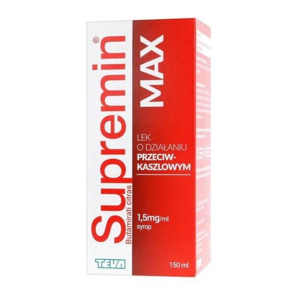 Supremin MAX is a medicinal product for use in the treatment of dry (non-productive) cough with antitussive effect. Supremin MAX contains butamirate - an active substance with antitussive (centrally acting) effect, belonging to the non-opioid antitussive drugs. In addition,